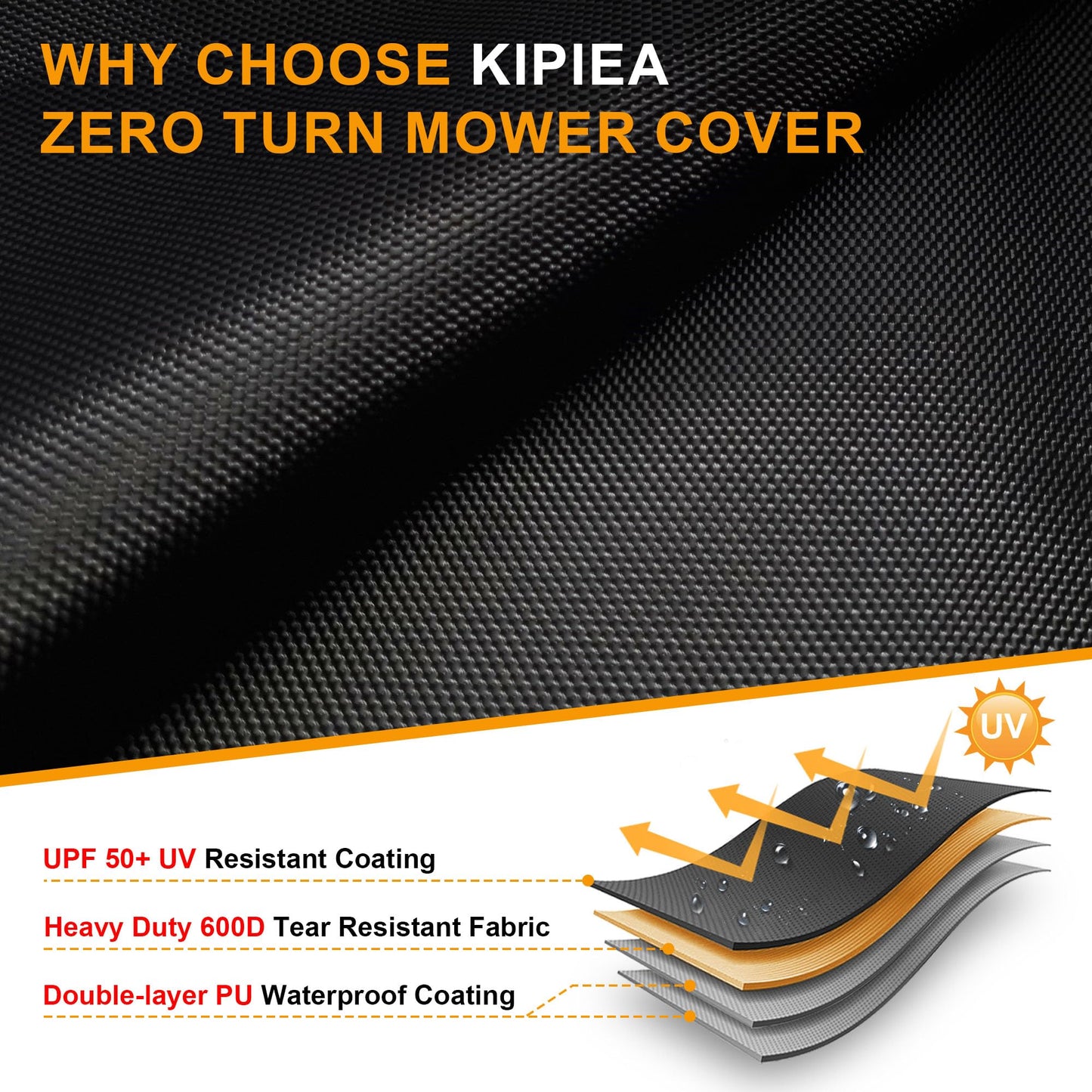 Kipiea Zero Turn Mower Cover- 600D Heavy Duty Outdoor Zero Turn Lawn Mower Cover Waterproof Universal Fit with 4 Buckles, 2 Drawstrings and Storage Bag