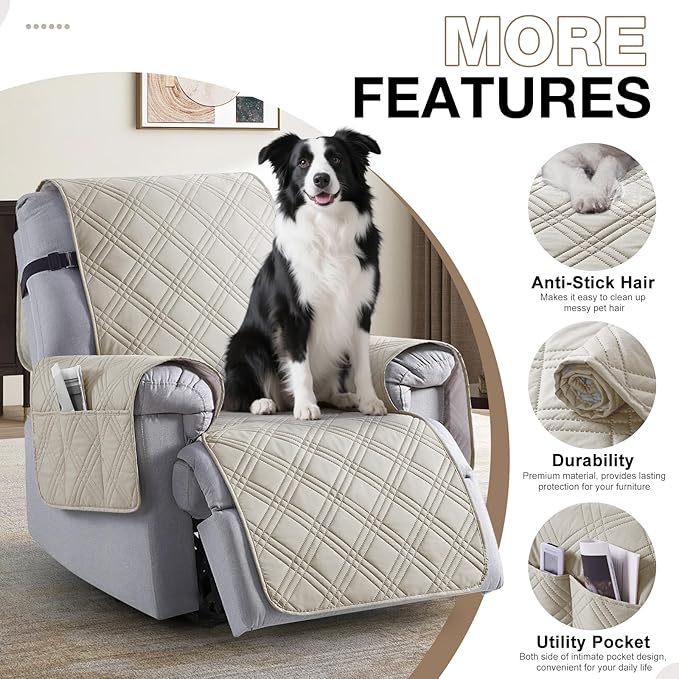 TAOCOCO 100% Waterproof Recliner Chair Cover, Small Recliner Covers for Recliner Chair with Pocket, Non Slip Reclining Chair Cover Furniture Protector for Kids, Pets(20'', Cream)