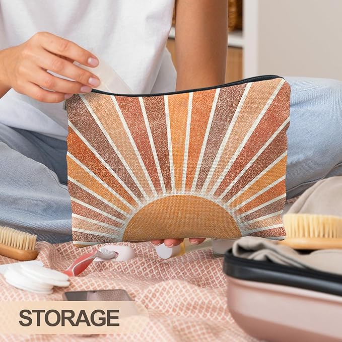 Boho Makeup Bag - Vintage Neutral Sun Cosmetic Bags for Women, Summer & Beach Use