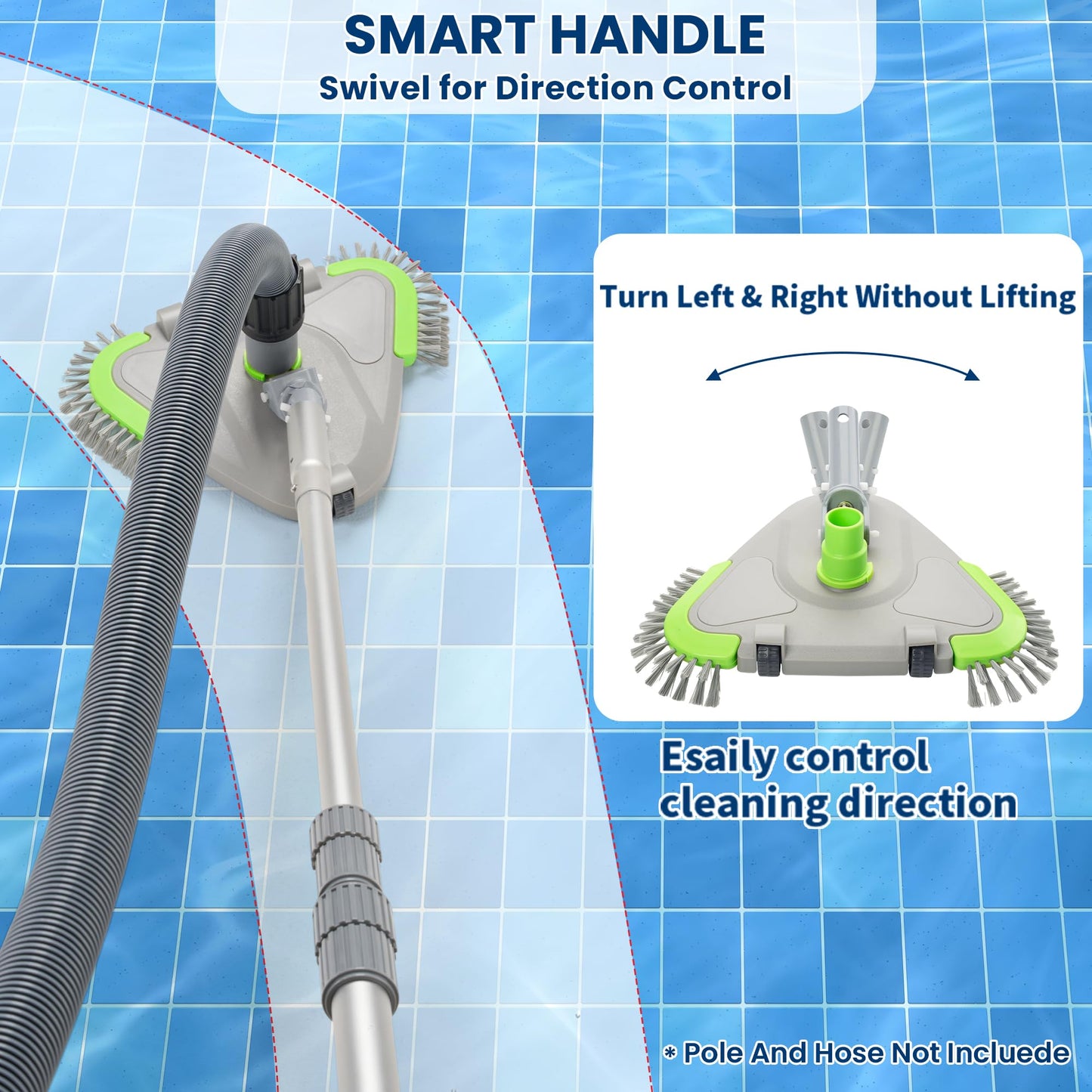 Sepetrel Upgraded Pool Vacuum Head with Wheels,Smart Swivel Handle & Swivel Hose Adapter,Weighted Triangular Shape Brush Head, for Inground/Above Ground Swimming Pools