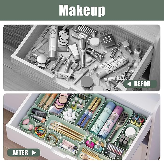 Plastic Drawer Organizers, 10 PCS Drawer Organizer Bins, Bathroom and Vanity Organizer Plastic Tray, Makeup organizer and storage for Makeup, Bedroom, Kitchen Gadgets Utensils and Office (Green)