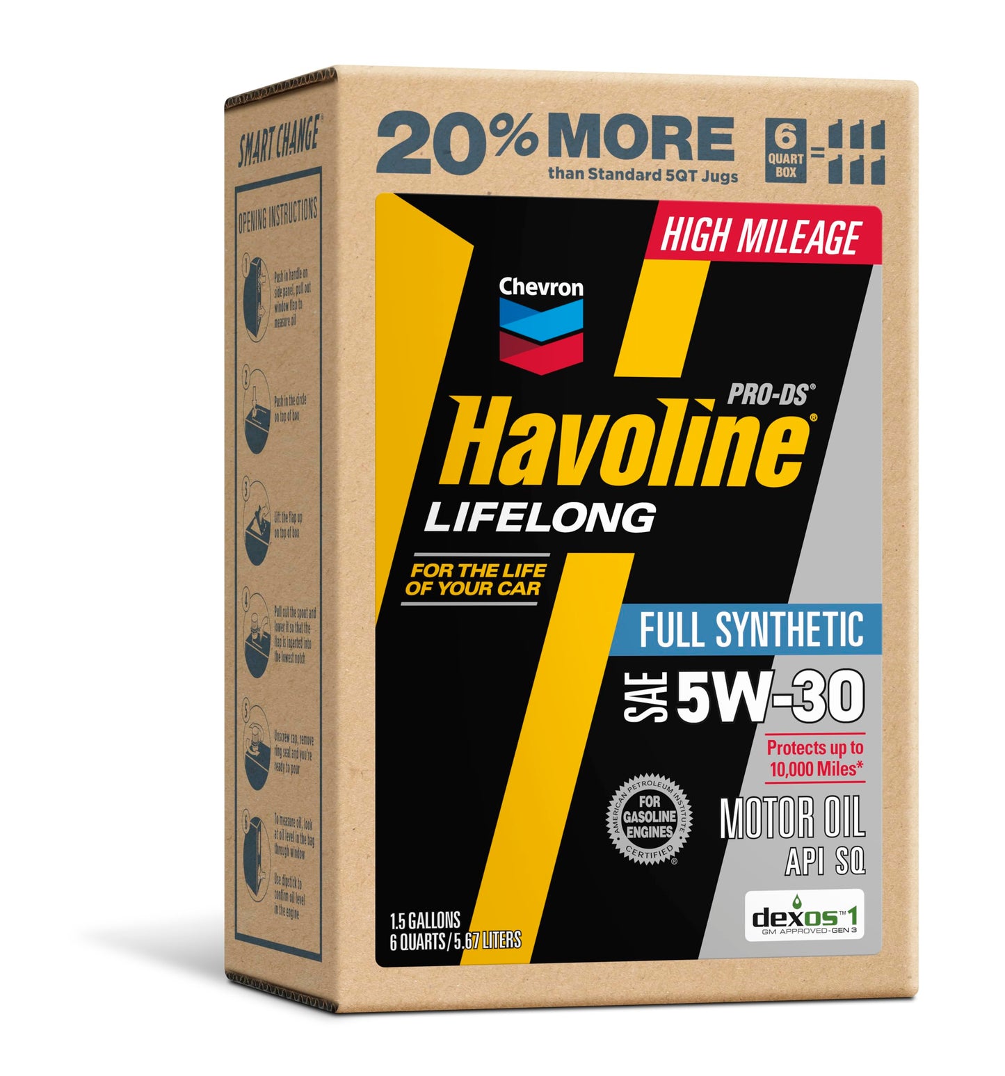 Havoline Motor Oil 5w30 PRO-DS Lifelong Full Synthetic Smart Change Engine Oil, 5W-30, 6 Quarts, Pack of 1
