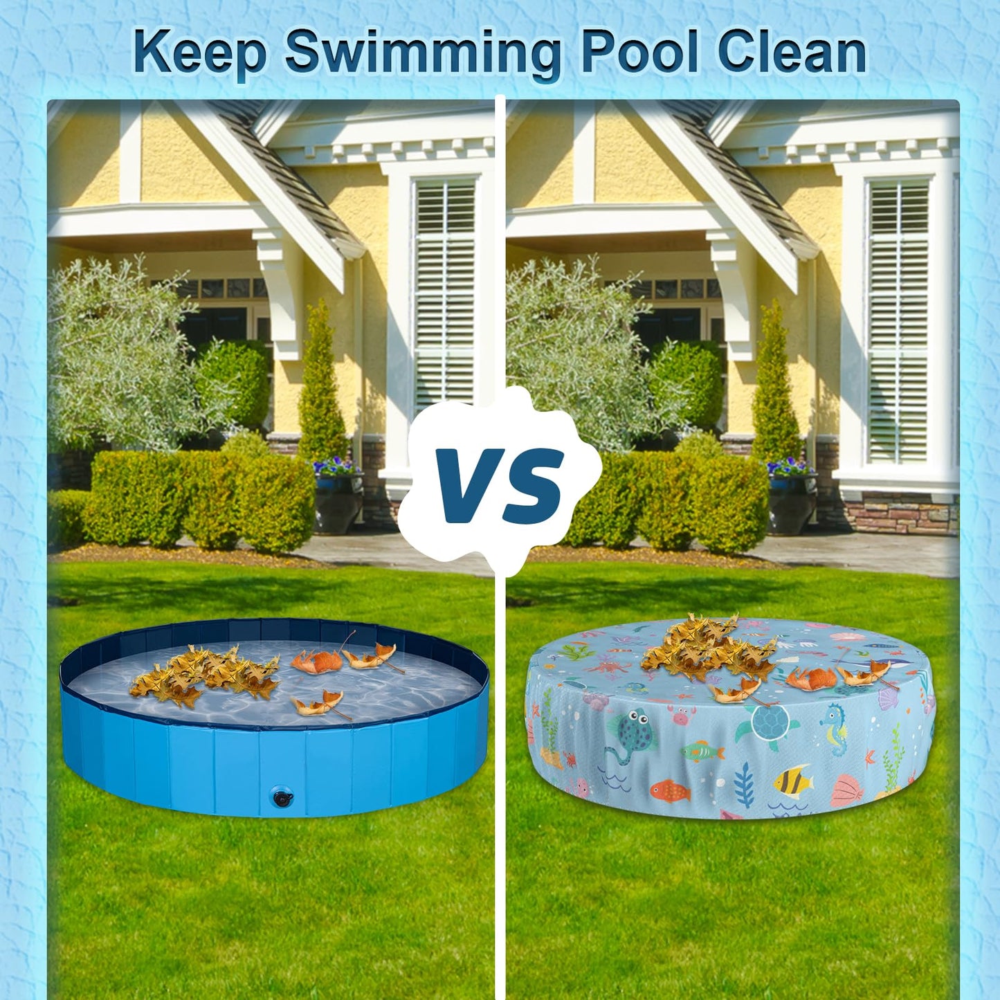 Docuwee Round Pool Cover 48", Foldable Kiddie Solar Cover Fit Dog Swimming Pool, Pets Kids Bath Tub, Anti-UV Dustproof Safety Pool Covers with Cute Ocean Animals Pattern