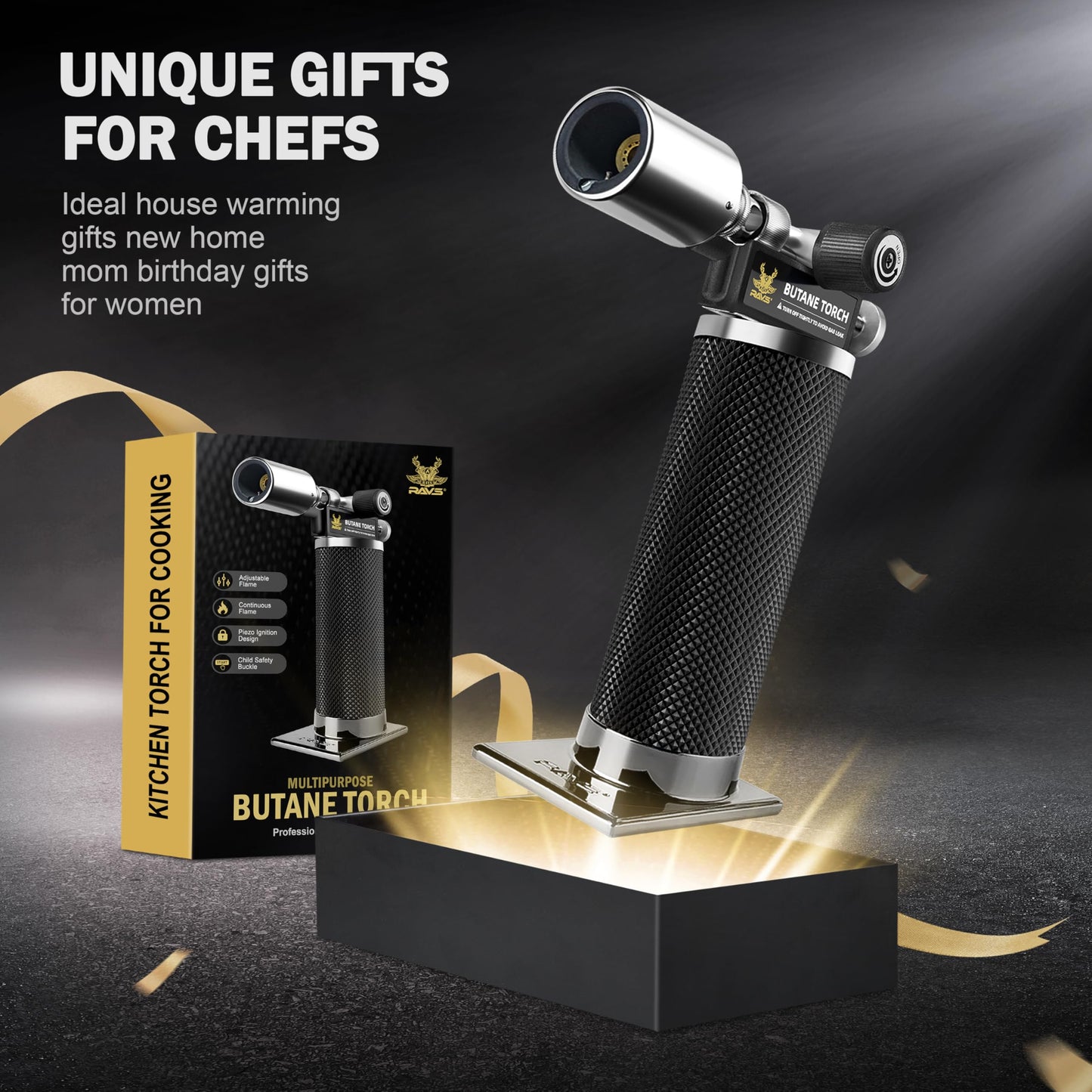 RAVS Butane Torch Lighter, Refillable Butane Kitchen Torch with Safety Lock and Adjustable Flame, Creme Brulee Torch for Baking, BBQ, Blow Torch for Cooking, Black, Butane Gas Not Included