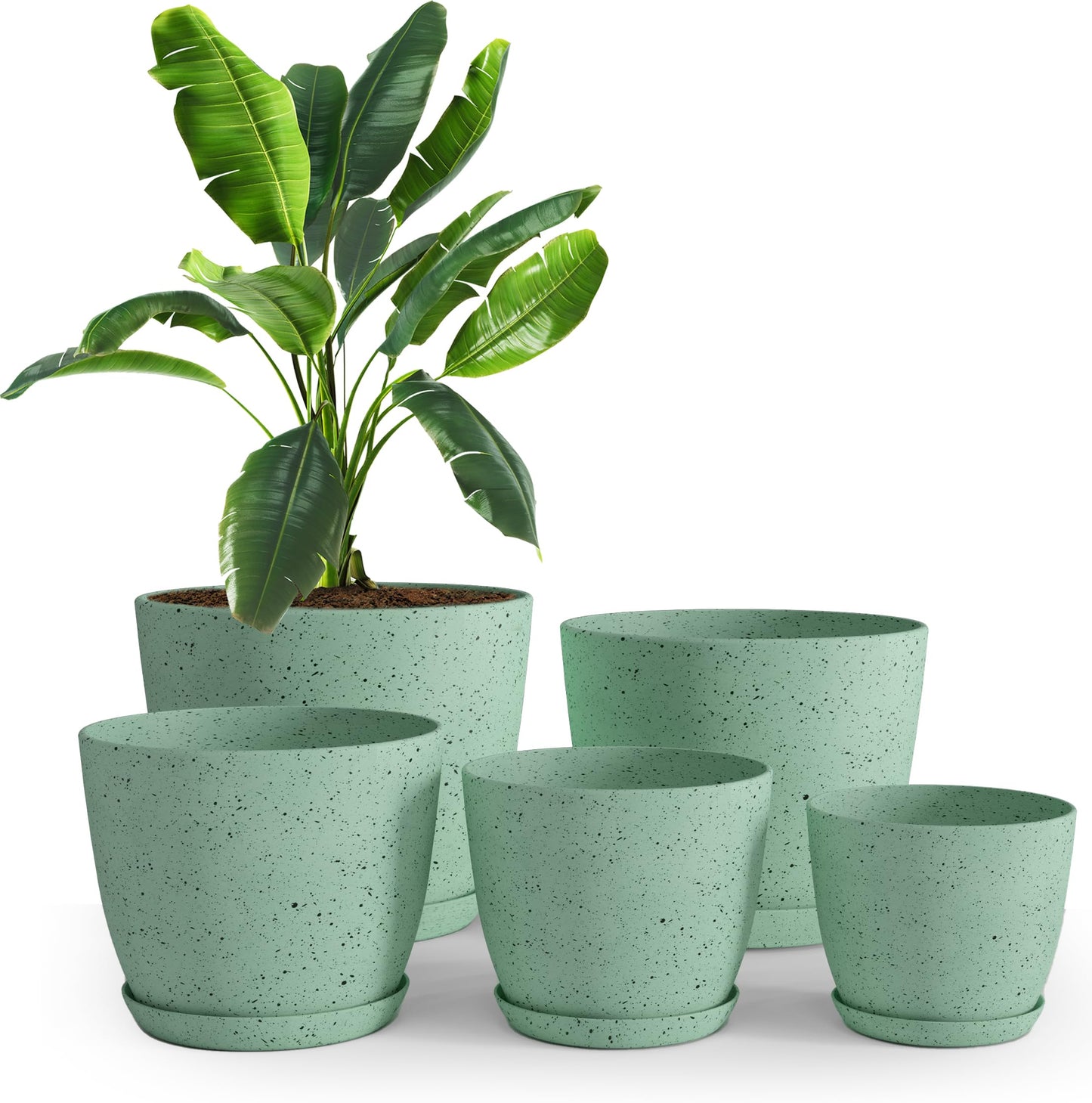 Utopia Home - Spotty Plant Pots Indoor with Drainage - 7/6.6/6/5.3/4.8 Inches Flower Pots - 5 Pack Plastic Planters - Ideal for Stocking Stuffers - (Speckled Mint, Pack of 5)