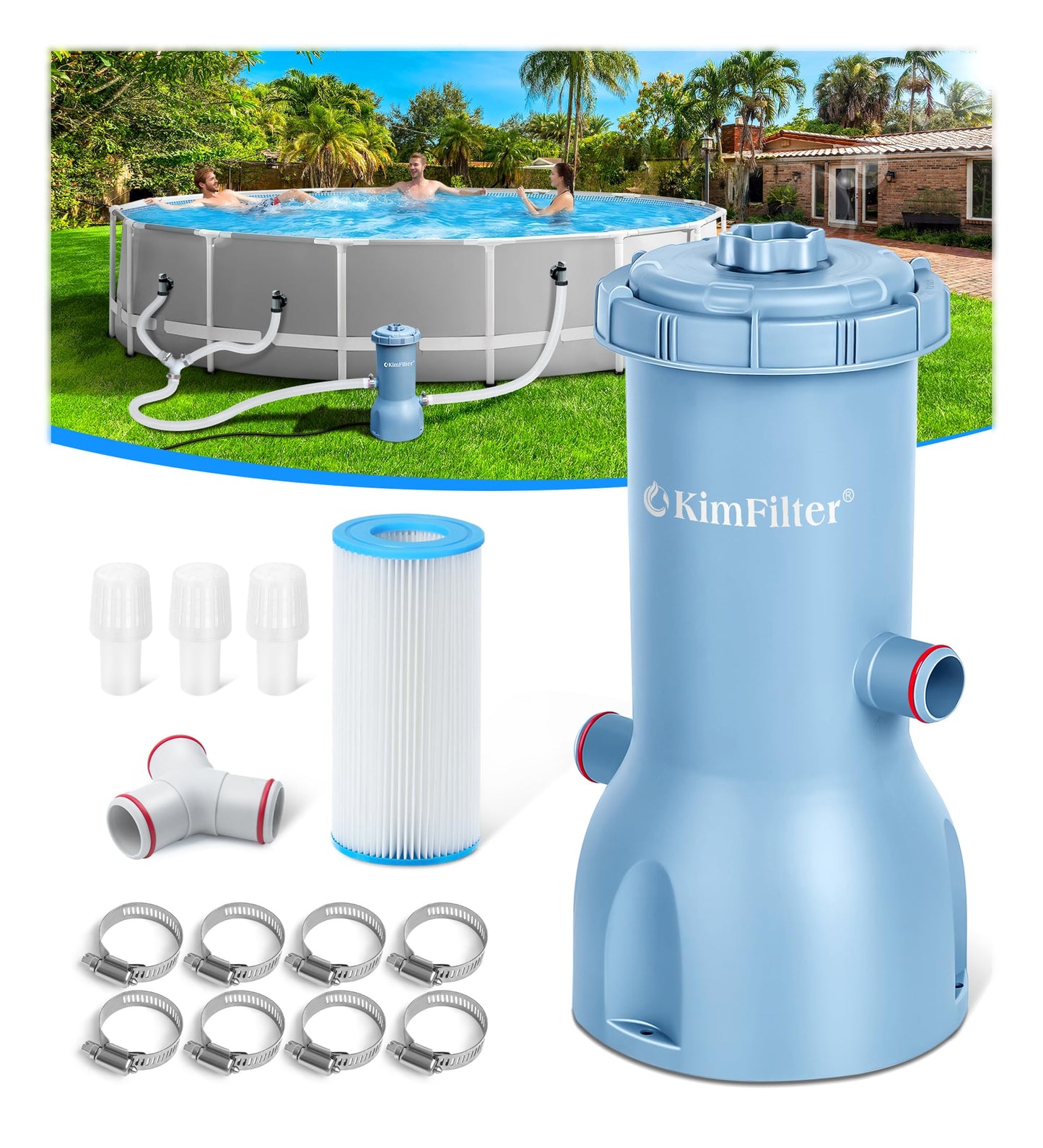 KimFilter Pro Series 1000 GPH Above Ground Pool Filter Pump, Powerful Pool Cartridge Filter Pump, Water Circulation and Filtration System -Improved Water Clean & Clarity, Pools Pumps Above Ground-Blue