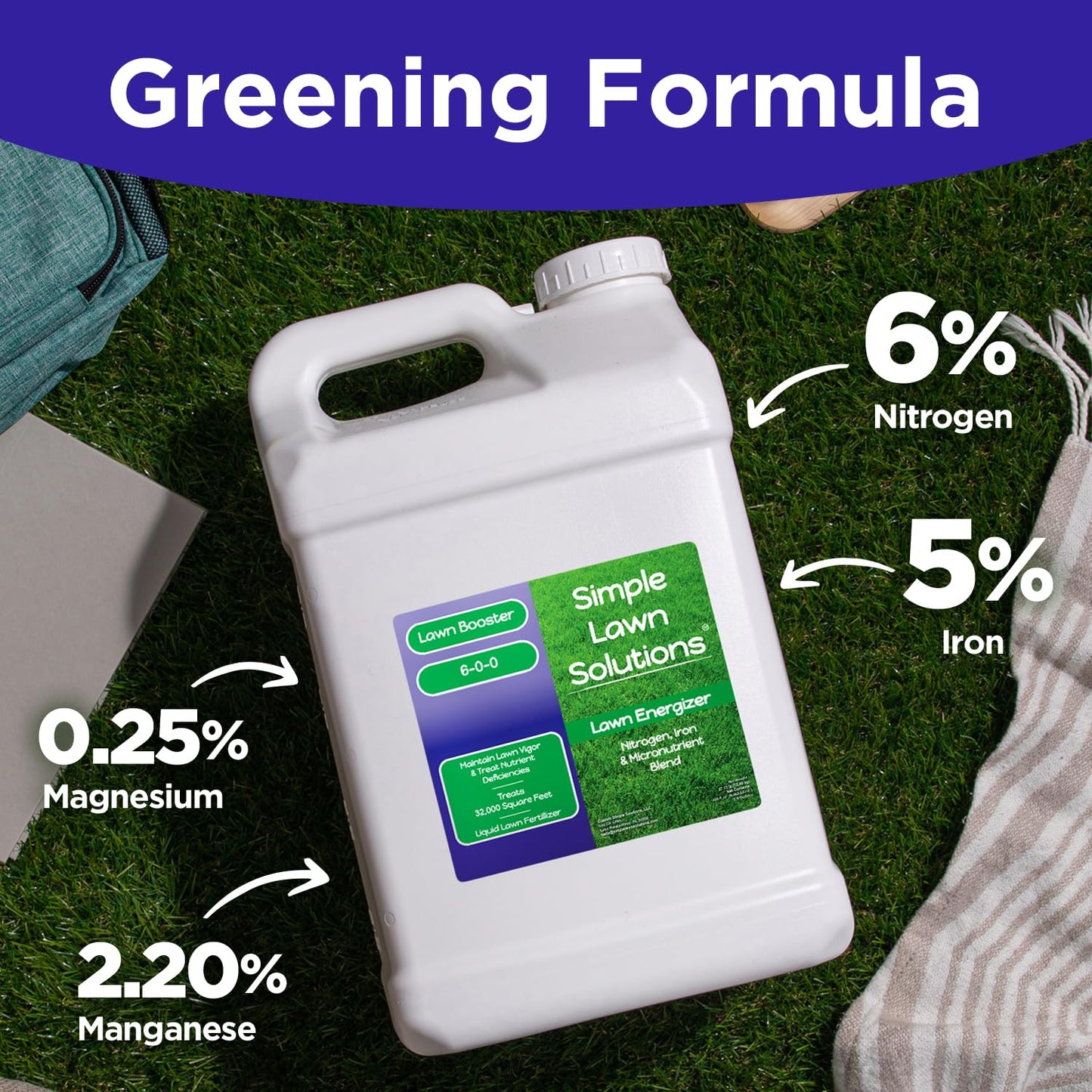 Commercial Grade Lawn Energizer- Grass Micronutrient Booster with Iron and Nitrogen- Liquid Turf Spray Concentrated Fertilizer- Any Grass Type, All Year- Simple Lawn Solutions (2.5 Gallons)