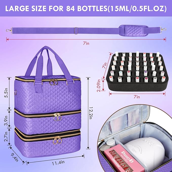 Nail Polish Organizer Bag Hold 84 Bottles(15ml/0.5 fl.oz), 3 Layers Nail Kit Supplies Organizer Bag Travel, Nail Organizers and Storage Case with Holder & Shoulder Strap, Purple