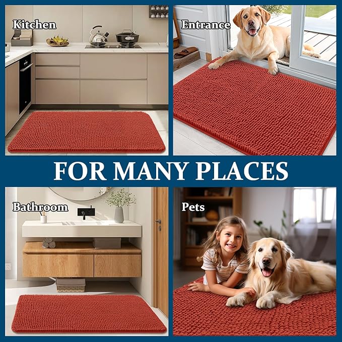 OLANLY Dog Door Mat for Muddy Paws 47x17, Absorbs Moisture and Dirt, Absorbent Non-Slip Washable Doormat, Quick Dry Chenille Mud Mat for Dogs, Entry Indoor Entryway Carpet for Inside Floor, Maple Red
