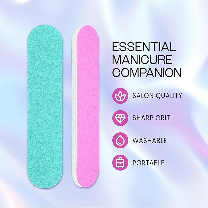 25PCS Mini Size PANA Professional Double Sided Nail Files - Pink&Teal, 80/80 Grit - Emery Board Nail Buffering File Manicure Pedicure Nail Polisher Washable