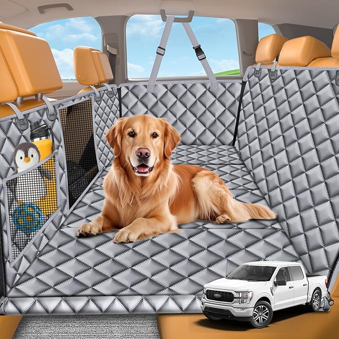 URPOWER XL Dog Backseat Extender for Full-Size Crew Cab Truck, Hard Bottom Dog Car Seat Cover for Back Seat Holds 400lbs, Waterproof Dog Hammock Pet Rear Seat Protector Travel Bed for F150 / Silverado