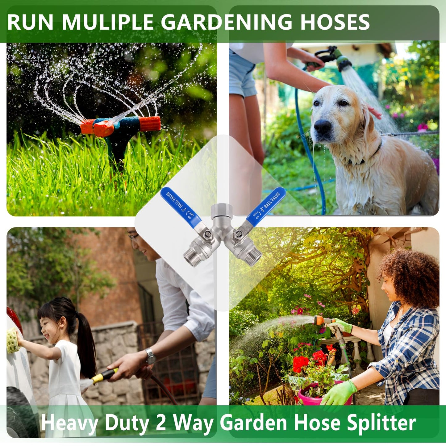 304 Stainless Steel Garden Hose Splitter 2 Way Heavy Duty, Full Flow Hose Y Splitter with Long Handle,Lead-free Y Valve Water Garden Hose Adapter,3/4" GHT Threads