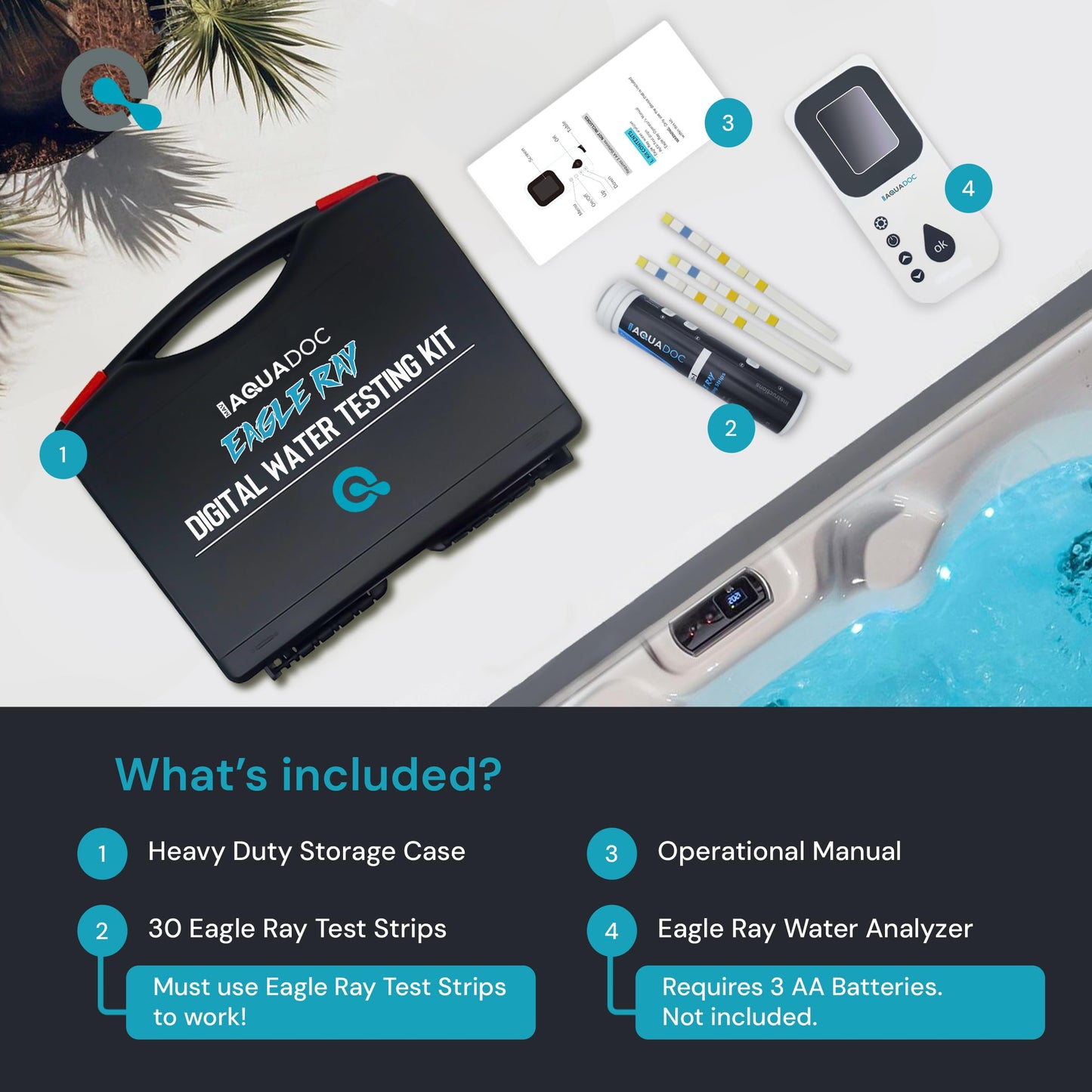 Eagle Ray Digital Spa Water Test Kit by AquaDoc with Digital Water Tester and 30 hot tub Test Strips for Chlorine, Bromine, Total Hardness, Cyanuric Acid, Alkalinity, and pH