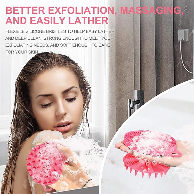 INNERNEED 2-in-1 Silicone Body Scrubber and Scalp Massager Shampoo Brush, Food-Grade Soft Material, More Hygienic, Easily Lather, Convenient for Travel, Gym, Business,etc (Pink)