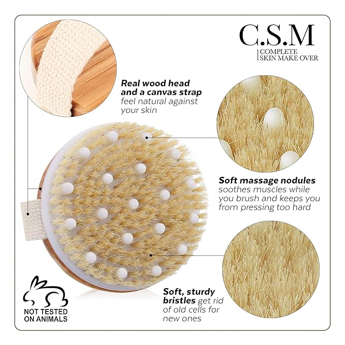 CSM Dry Brushing Body Brush for Lymphatic Drainage - Natural Boar Bristle Exfoliating Brush Set with Face Brush for Cellulite, Circulation & Glowing Skin