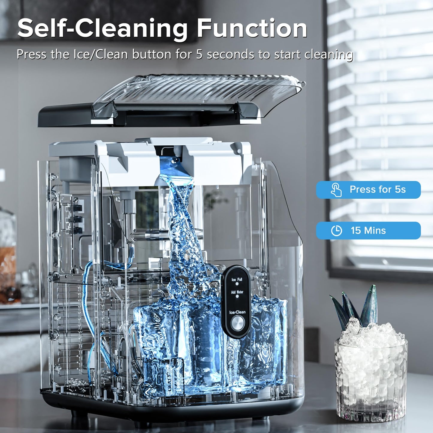 Electactic Nugget Ice Maker Countertop with Handle, 34lbs/24H, Portable Pellet Ice Machine, Soft Chewable Ice, Self-Cleaning, One-Touch Operation for Home, Party, Office, Gift Idea (Black)