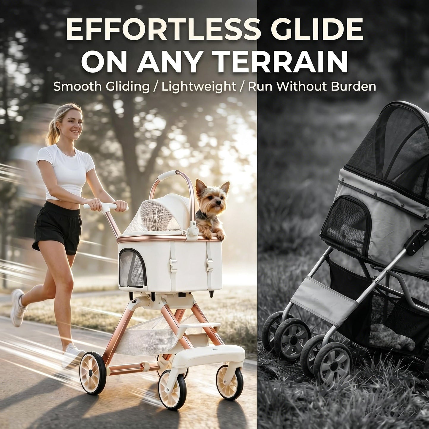 EPPMagice All-Terrain Pet Stroller for Small Medium Dogs & Cats, 20 lbs Capacity - Portable Carrier with One-Touch Brake, Lightweight Foldable Design & Shock Absorption Wheels,Khaki