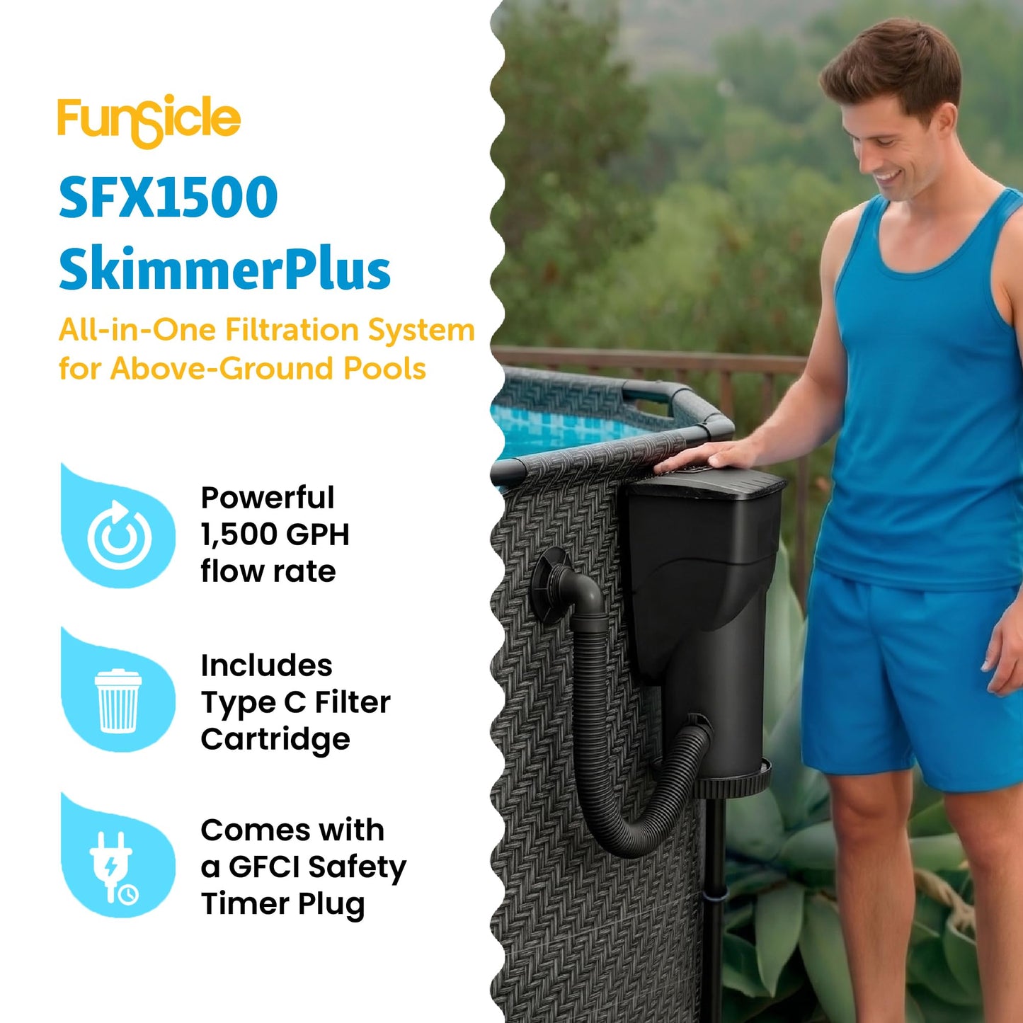 Summer Waves P53FX150K SkimmerPlus 1500 Gallon Above Ground Framed Swimming Pool Water Cleaning Filter Pump System, Black