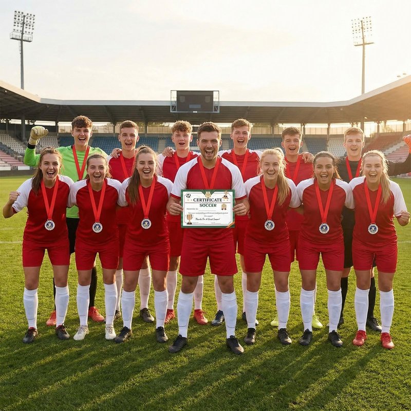 SvkOjmx 12 Pcs Soccer Medals with 12 Pcs Achievement Award Certificates Team Participation Medals with Red Ribbon Metal Champion Award Trophy for Soccer Themed Party Favors Participant Trophy Prize
