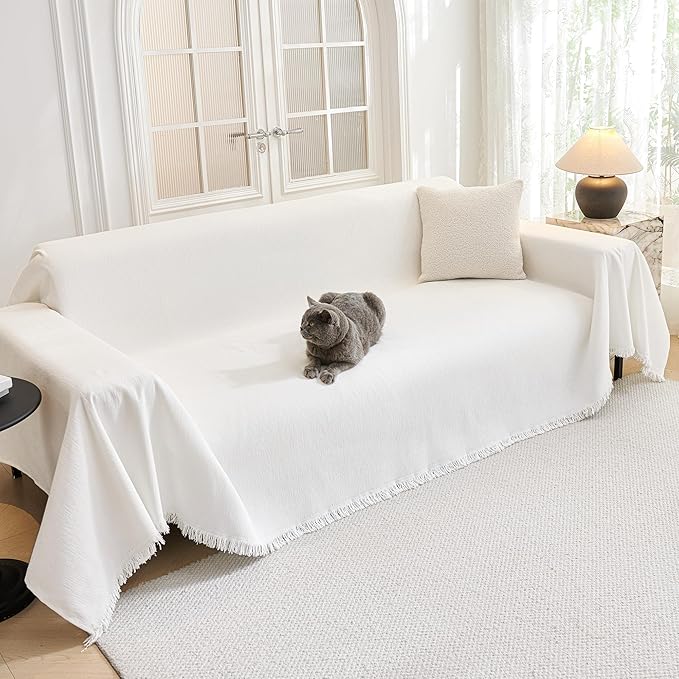 MYSKY HOME Couch Covers Couch Cover for Dogs Washable, Couch Covers for Sectional Sofa, Sofa Covers for 3 Cushion Couch Sofa Cover for Living Room Furniture Protector for Pets, Kids, 91"x134", White