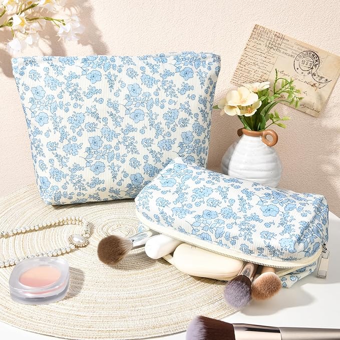 SOIDRAM 2 Pcs Makeup Bag Large Cosmetic Bag Toiletry Bag Makeup Pouch Travel Bag Organizer Cute Makeup Brushes Aesthetic Accessories Storage Bag for Women Blue Floral