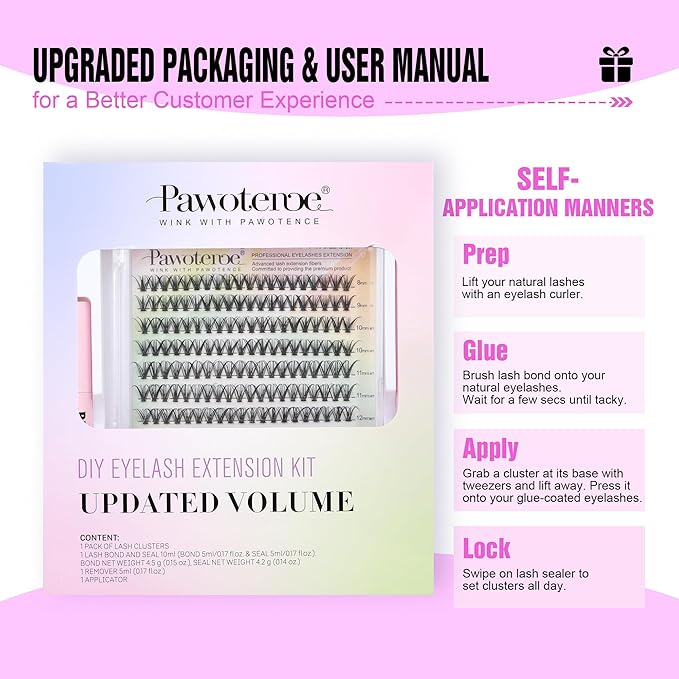 Pawotence Lash Extension Kit DIY 280pcs Individual Lash Clusters Kit 30D Cluster Eyelash Extensions Kit with Lash Bond and Seal, Lash Remover, Lash Tweezers for Self Use (30D, 8-15mm, All Kit)