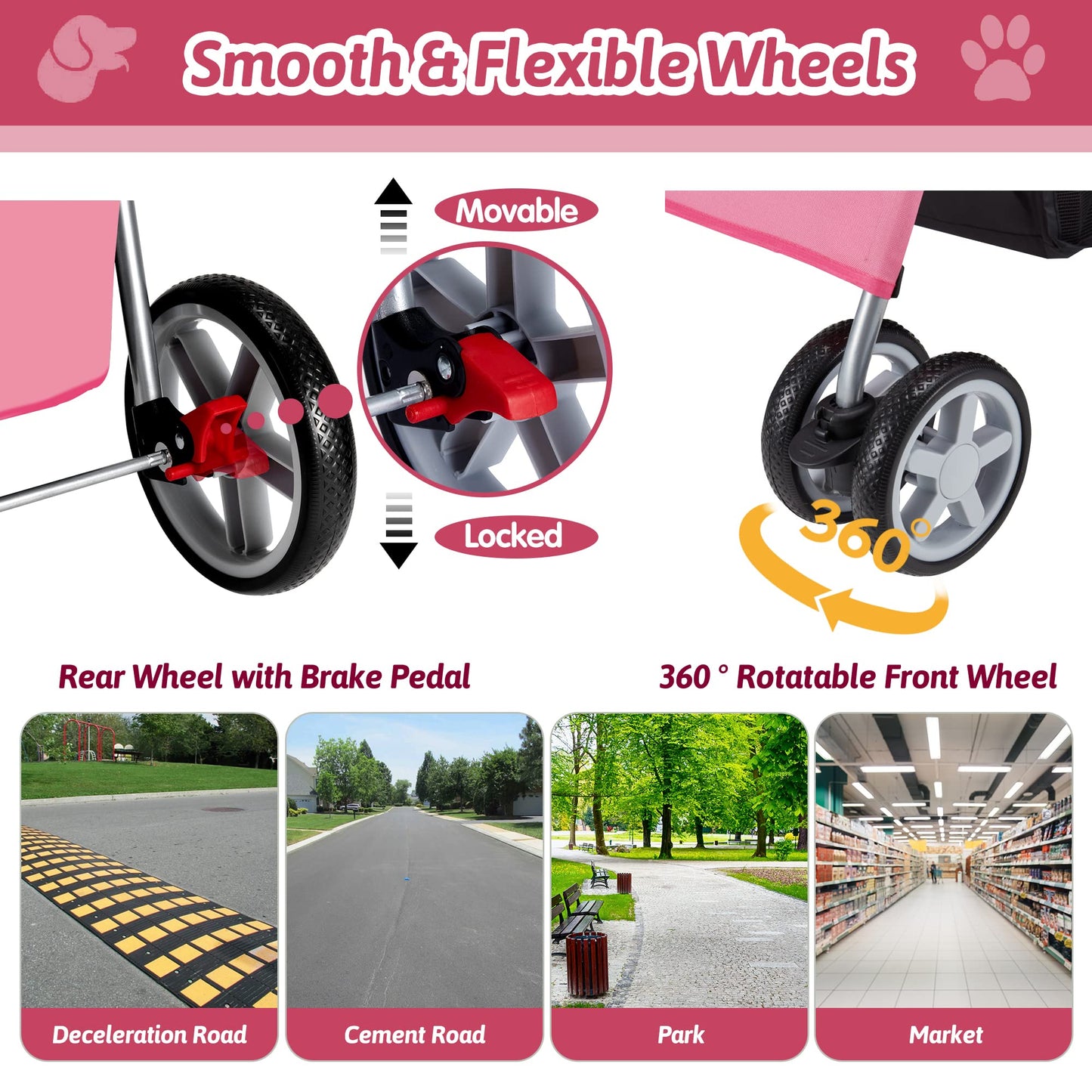 Azaeahom Pet Stroller, 4 Wheels Pet Strolling Cart for Medium/Small Dogs and Cats, Foldable Cat Jogger/Dog Stroller with Cup Holder, Storage Basket, Breathable Mesh, All-Season Pet Carrier, Pink