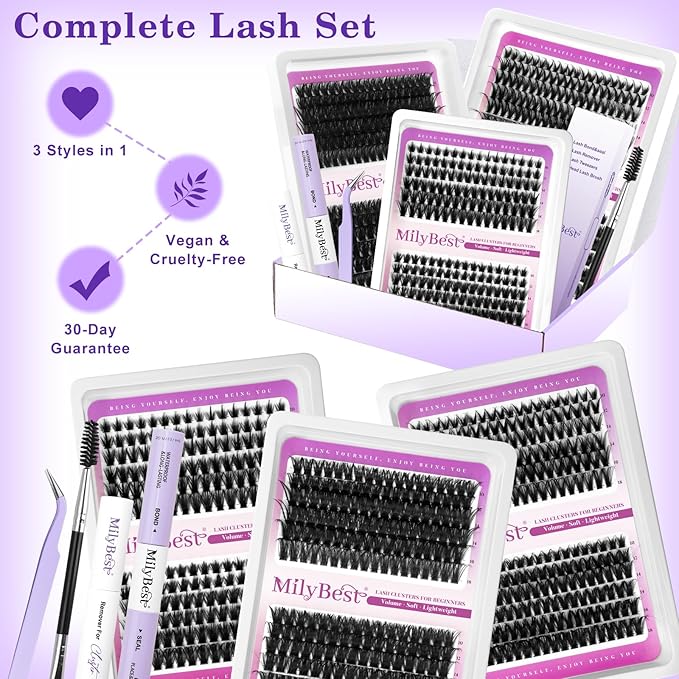 MilyBest 3 Styles Lash Clusters Kit Manga 636Pcs Eyelash Clusters Wispy Lashes Clusters D Curl Individual Cluster Lashes Natural 10-18mm False Eyelashes with Bond&Seal Spiky Lash Packs for Beginners