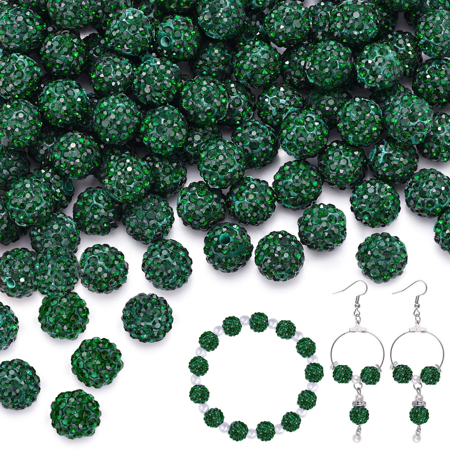 200pcs 10mm Emerald Rhinestone Beads for Jewelry Making, Shiny Round Shamballa Disco Ball Beads Bulk, Sparkle Crystal Clay Christmas for Bracelet Baseball Necklace Earring Crafting and DIY