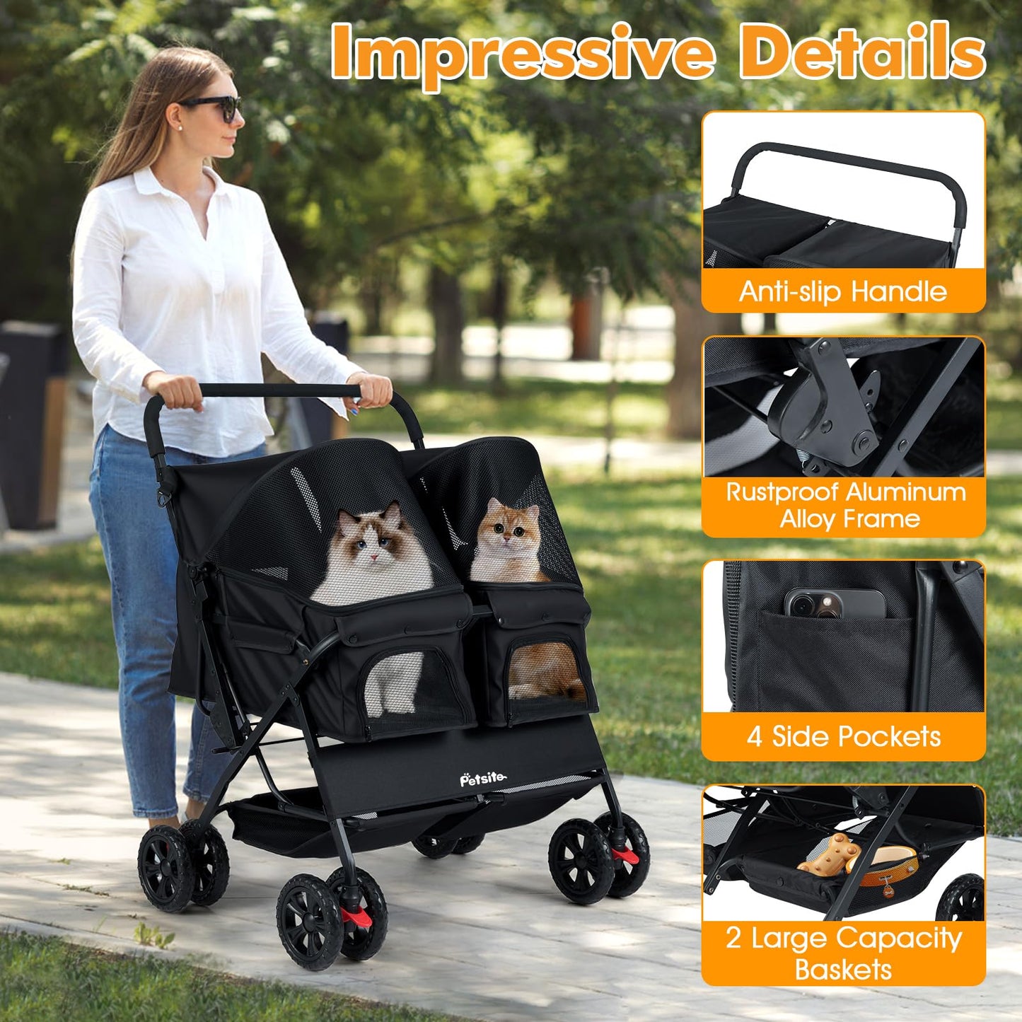 PETSITE Double Pet Stroller, Foldable Double Dog Stroller with 2-Seater Carrier, Adjustable Sunshade, Removable Pad, Safety Belt, Storage Basket, 4-Wheel Pet Travel Cart for 2 Puppies & Cats (Black)