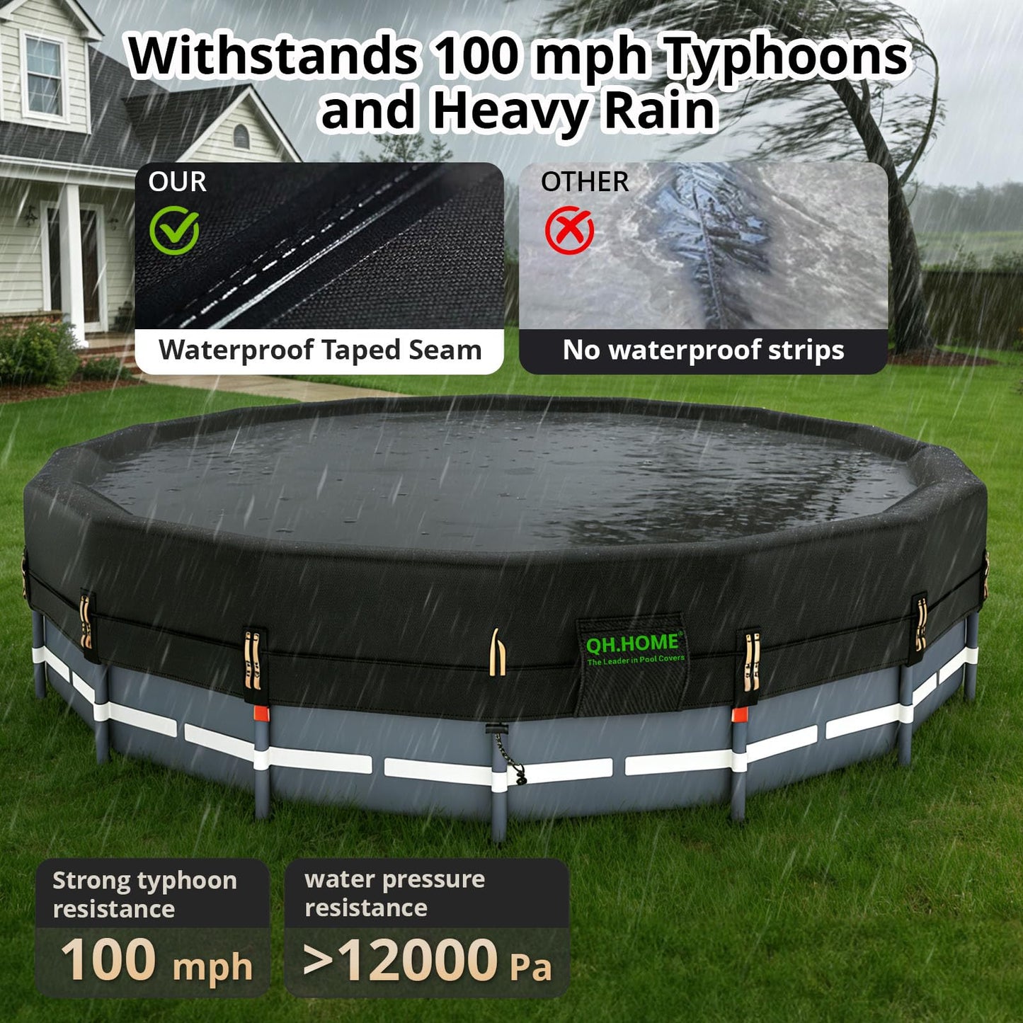 QH.HOME 550D 18ft Pool Cover Round[Upgraded Tear Resistant & Quadruple Windproof] wth Pre-Installed Patented Winch and Rope, Pool Covers for Above Ground Pools-Snug Fit & Waterproof Protection