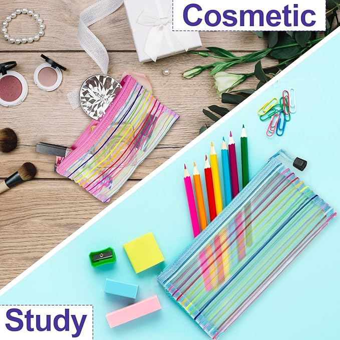 Mesh Bags with Zipper (6 Pack), Small Nylon Makeup Bag Cosmetic Pouches Travel Organizer for Purse Diaper Bag Home Organizing Striped Mix 6 Colors