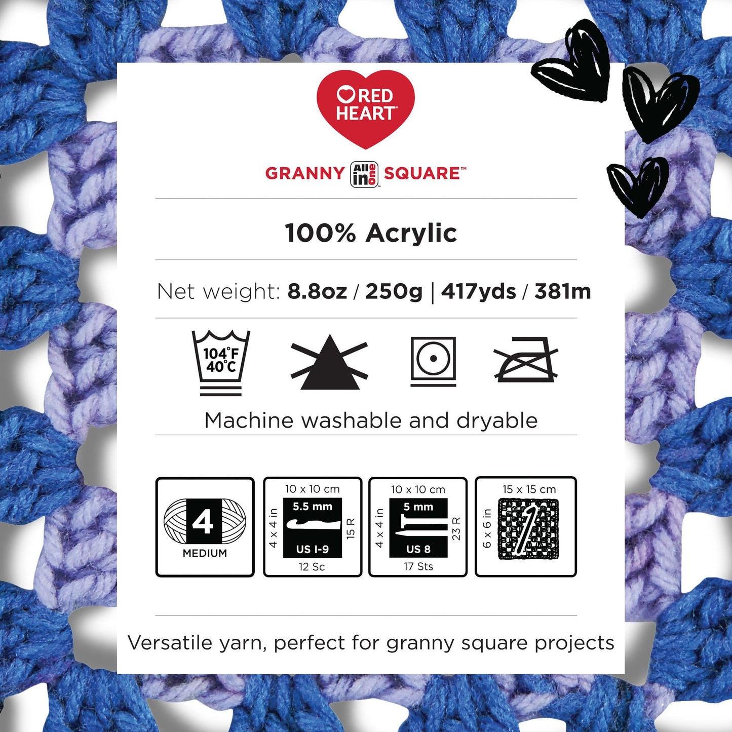 Red Heart All in One Granny Square Aran - Lily PAD Yarn - 3 Pack of 250g/8.8oz - 100% Acrylic - #4 Worsted (Medium) - 381m/417Yards - for Knitting, Crochet and Amigurumi