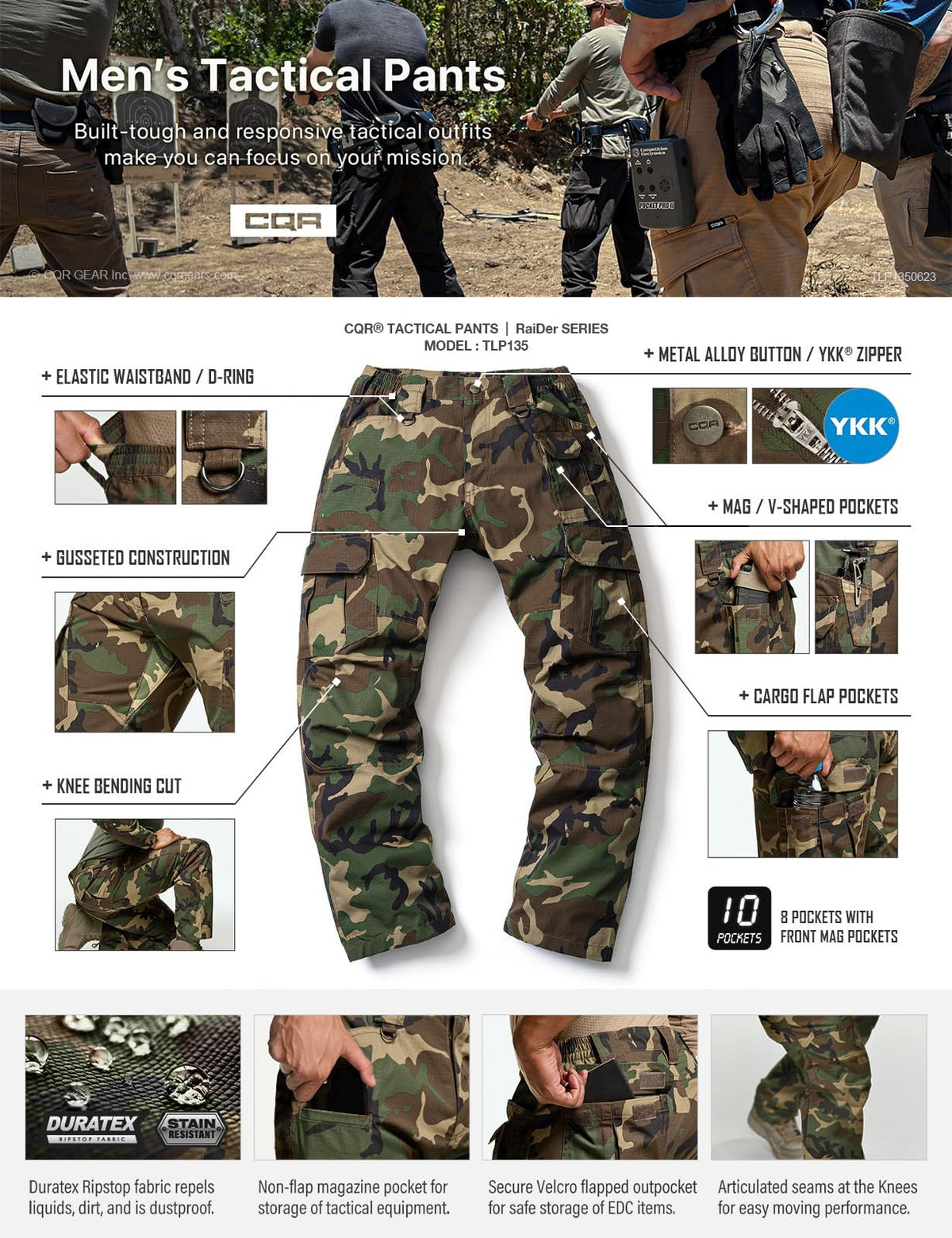 CQR Men's Tactical Pants, Water Resistant Ripstop Cargo Pants, Lightweight EDC Work Hiking Pants, Outdoor Apparel, Duratex Mag Pocket Print Woodland Camo, 30W x 30L