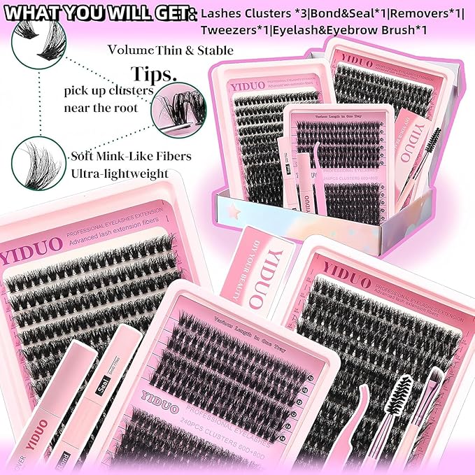YIDUO Eyelash Extension Kit with 2X Bond&Seal 10-20mm 60D+80D+100D Volume 3D Lash Clusters Kit 3 Styles 760Pcs Wispy Natural Soft DIY Individual Lash Clusters Kit Box for Beginners