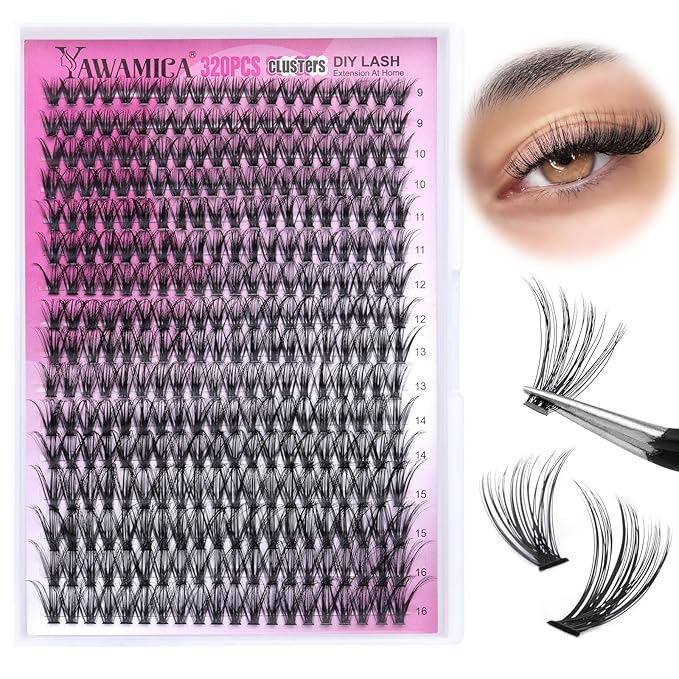 Individual Lashes 320pcs Lash Clusters 40D 9-16mm Mix DIY Lash Extension D Curly Eyelash Clusters Eyelash Extension Wispy Cluster Lashes DIY for Self Application by Yawamica (40D-0.07D, 9-16mix)