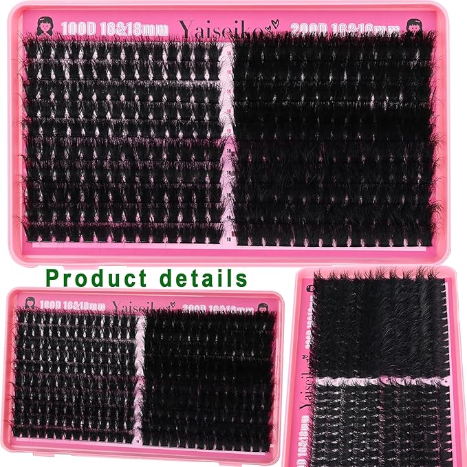 Lash Clusters 100D+200D Thick Eyelash Clusters 16 & 18mm Wispy Individual Mega Volume Lashes D Curl Cluster Eyelash Extensions 280Pcs DIY Lash Extension at Home, by Yaiseiko(Plant Fiber)