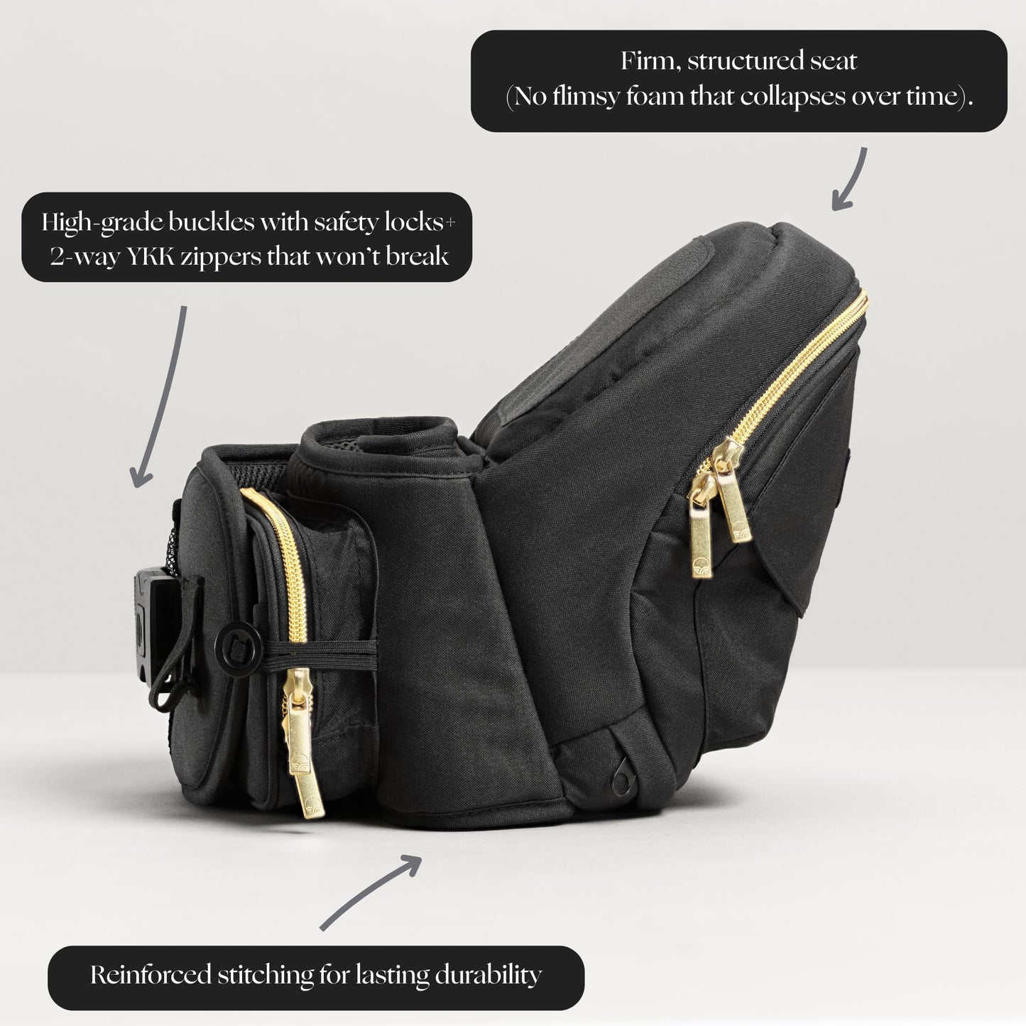 Tushbaby Original Hip Seat Baby Carrier for Babies & Toddlers up to 45 lbs, Safety Certified, Lightweight No-Foam Design with Storage, Black