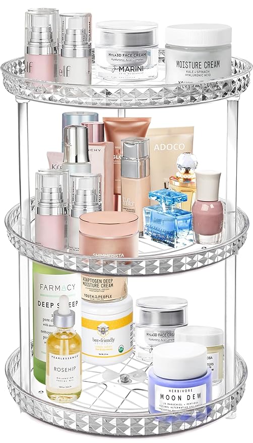 3 Tier Diamond Lazy Susan Bathroom Organizer Countertop, Clear 360 Rotating Cosmetic Makeup Organizer for Vanity, Skincare Organizers Perfume Organizer for Counter - Organization and Storage -9.25INCH