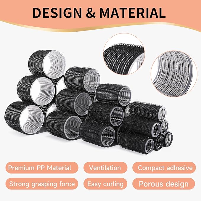 50Piece Hair Rollers set,Self Grip Hair Curlers for Long Medium Short Hair (6 Jumbo + 6 Large + 6 Medium + 6 Small + 1 Storage Bag) and 24Pcs Hair Clips /4-sizes 60 45 36 25mm