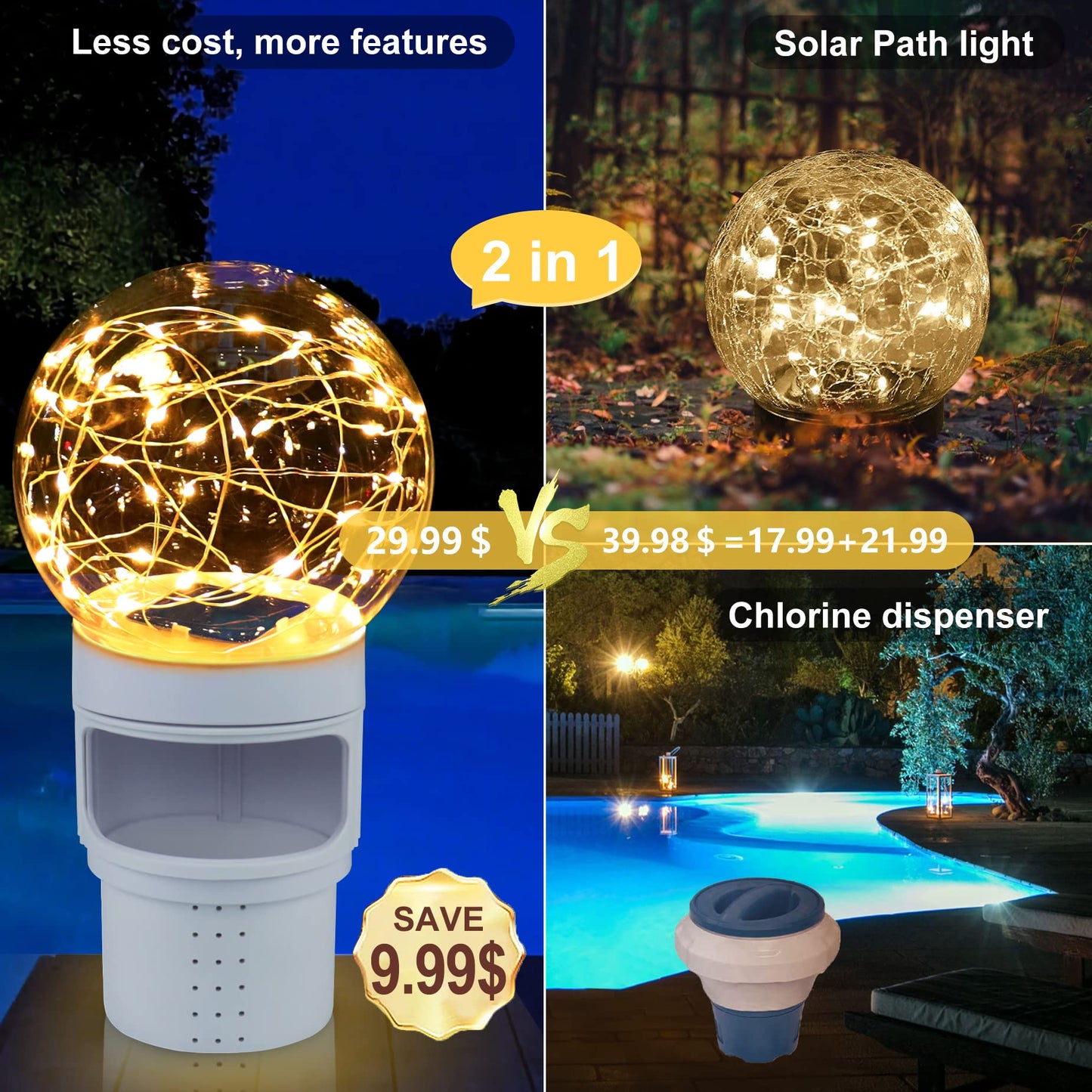 DeeprBlu Pool Chlorine Floater with Solar Ball Light, Floating Chlorine Dispenser for 3'' Chlorine Tablets, Chlorine Tablet Floater Chemical Dispenser Easy Opening, Bromine Tablet Holder for Pool, Spa
