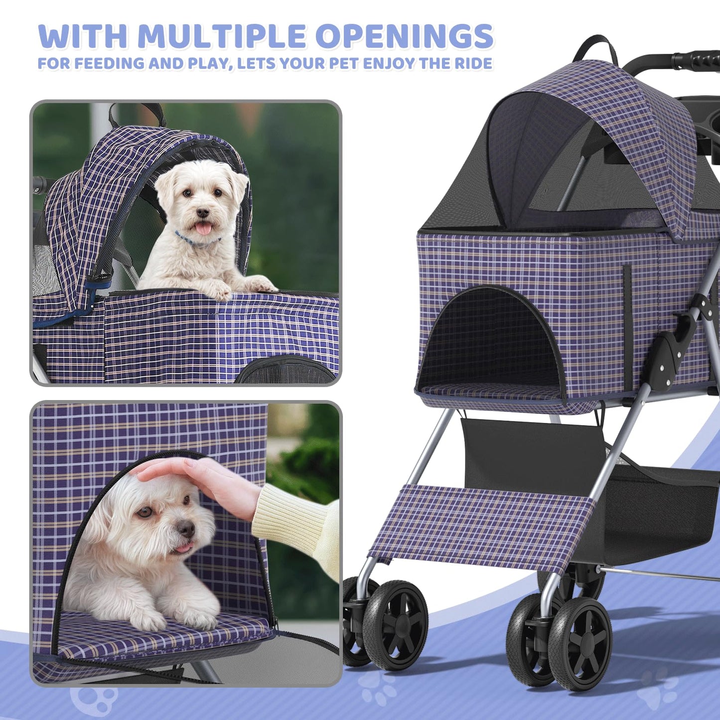 Magshion Foldable Pet Stroller, 3-in-1 Dog Travel Jogger with Detachable Carrier, Cup Holder, Storage Basket, Folding Carrier for Small/Medium Dogs & Cats Up to 33 lbs, Plaid