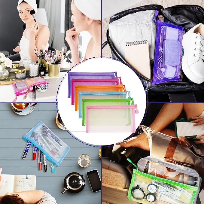 Mesh Pouches(6 Pack), Mesh Bags with Zipper Nylon Makeup Pouches Bag Cosmetic Pouch Travel Purse Organizer Insert Diaper Inside Bag Organizers Home Organizing Size See Through Cute Colors