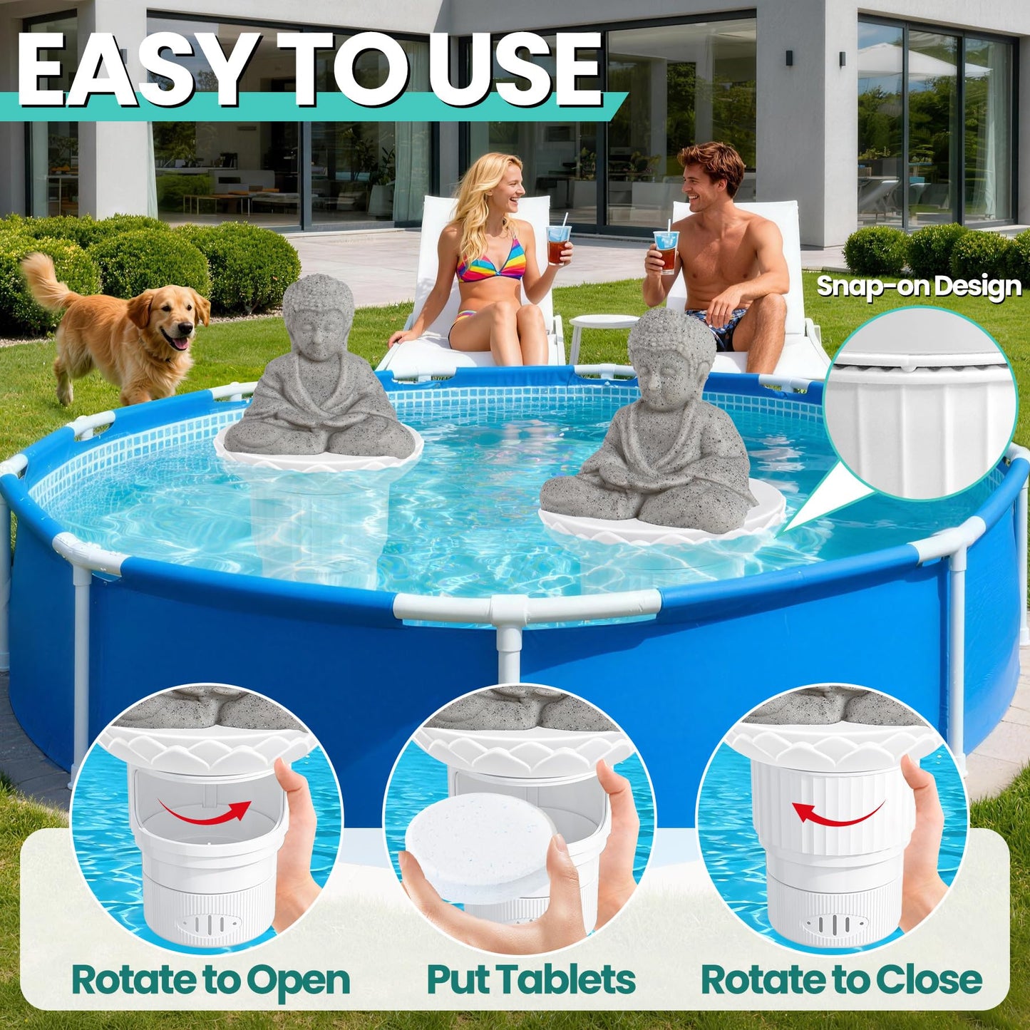 PRAXXIS Solar Chlorine Floater,Buddha Statue Pool Chlorine Floater with Solar Light, Adjustable Floating Chlorine Dispenser for Pool, Collapsible Chlorine Floater, Chlorine Floater for Hot Tub(White)
