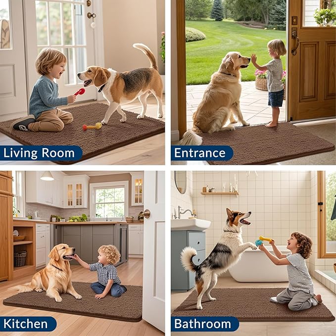 Smiry Dog Door Mat for Muddy Paws 30x20, Absorbs Moisture and Dirt Doormat, Non-Slip Washable Quick Dry Chenille Front Door Mat Indoor Entrance, Entryway Carpet for Inside Floor, Mocha