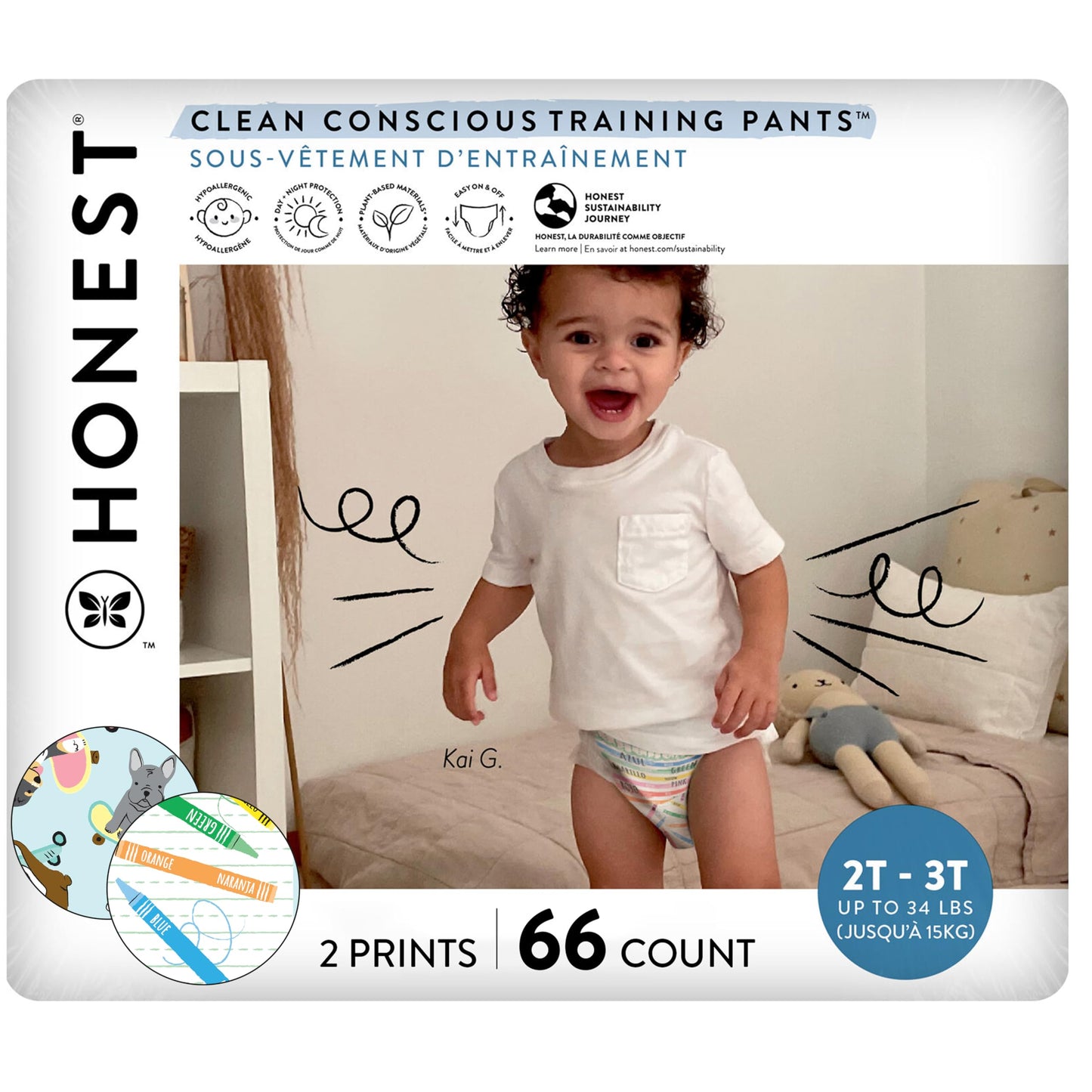 The Honest Company Clean Conscious Training Pants for Sensitive Skin, Hypoallergenic, Fragrance-Free, Let's Color See Me Rollin', Size 2T/3T (up to 34 lbs), 66 Count