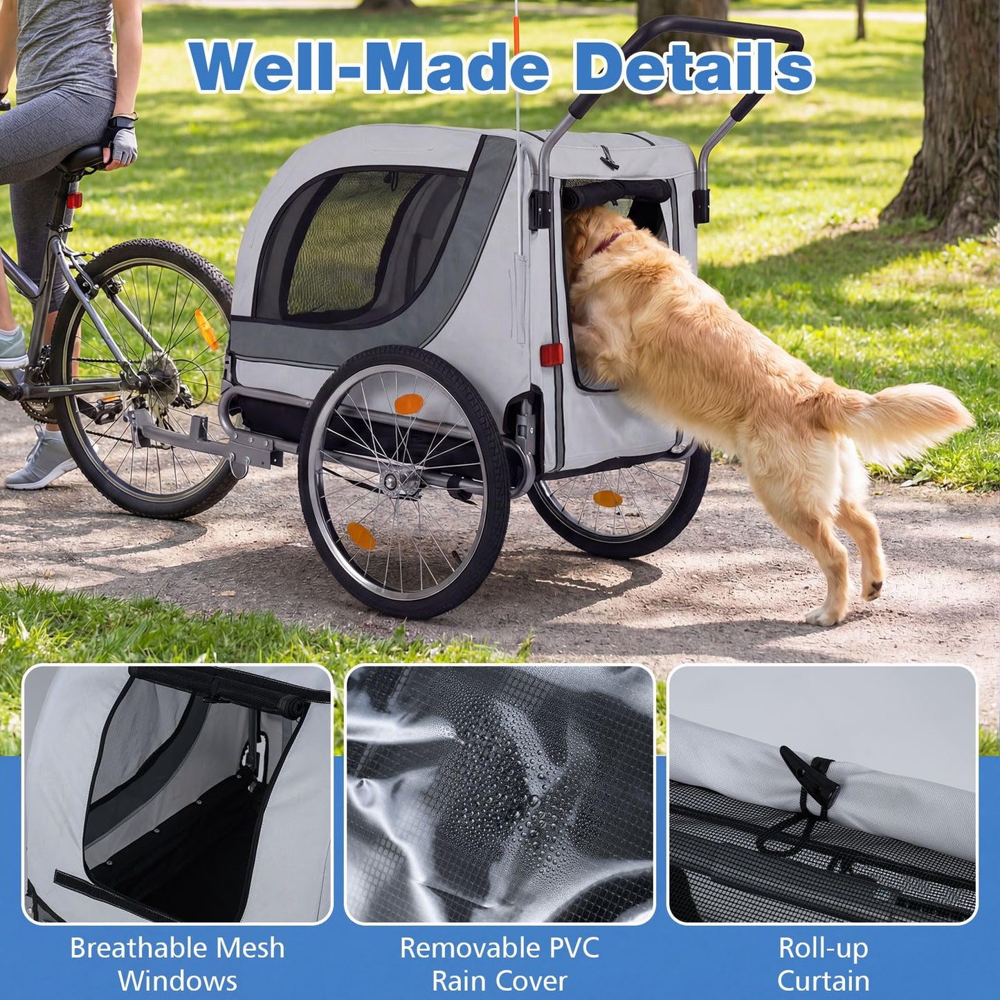 Giantex 2-in-1 Dog Bike Trailer & Pet Stroller for Large Dogs – Foldable Pet Carrier Cart with Front Caster & 2 Air-Filled Tires, Breathable Mesh, PVC Rain Cover, 176 lbs Capacity (Light Gray)