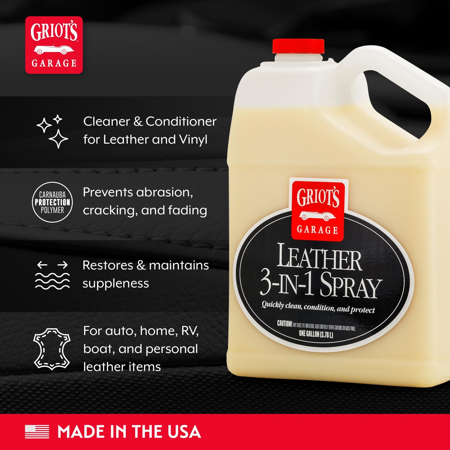 Griot's Garage Leather 3-in-1 Spray, Cleaner and Conditioner for Leather and Vinyl, Car Seats and Vehicle Interior, Truck, RV, Boats, and Home, 10964, 1 Gallon