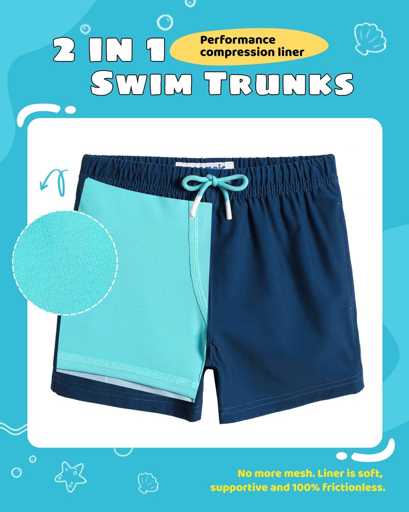 maamgic Boys Swim Trunks with Compression Liner Toddler Stretch Swim Shorts Quick Dry Swimming Trunks Boxer Brief 2 in 1 Beach Shorts Navy Lake Blue 5/6