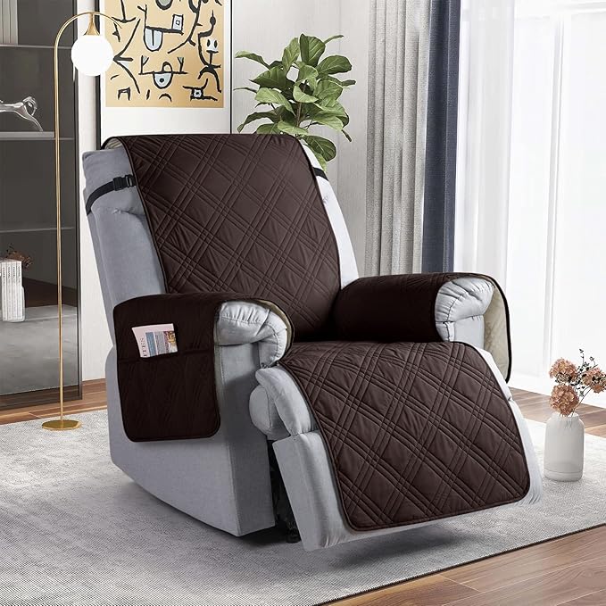 TAOCOCO 100% Waterproof Recliner Chair Covers, Non Slip Recliner Covers for Recliner Chair with Pocket, Washable Reclining Chair Cover Furniture Protector for Kids,Dogs(22'', Coffee)